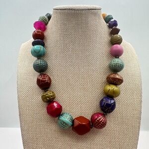 Vintage 80s Eclectic Chunky Resin Bead Necklace Bronze Lobster Clasp Jewelry